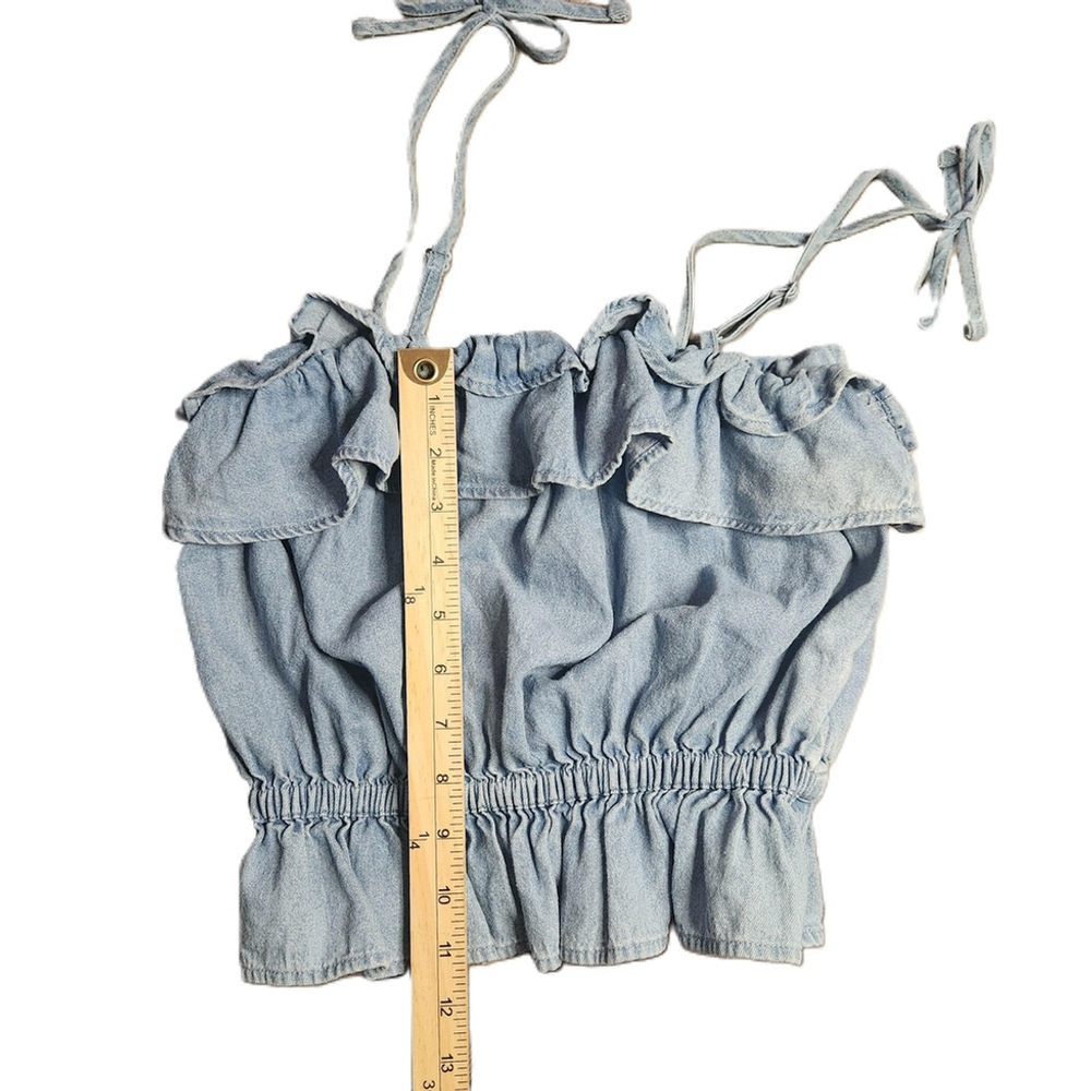 American Eagle Womens Blue Ruffled Denim Sleeveless Crop Top Shirt Extra Small - Picture 7 of 8